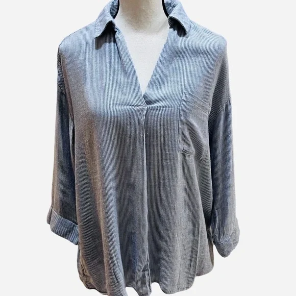 William Rast Blue Chambray Ticking Striped Pullover Top 3/4 Sleeves Sz M - Picture 3 of 11